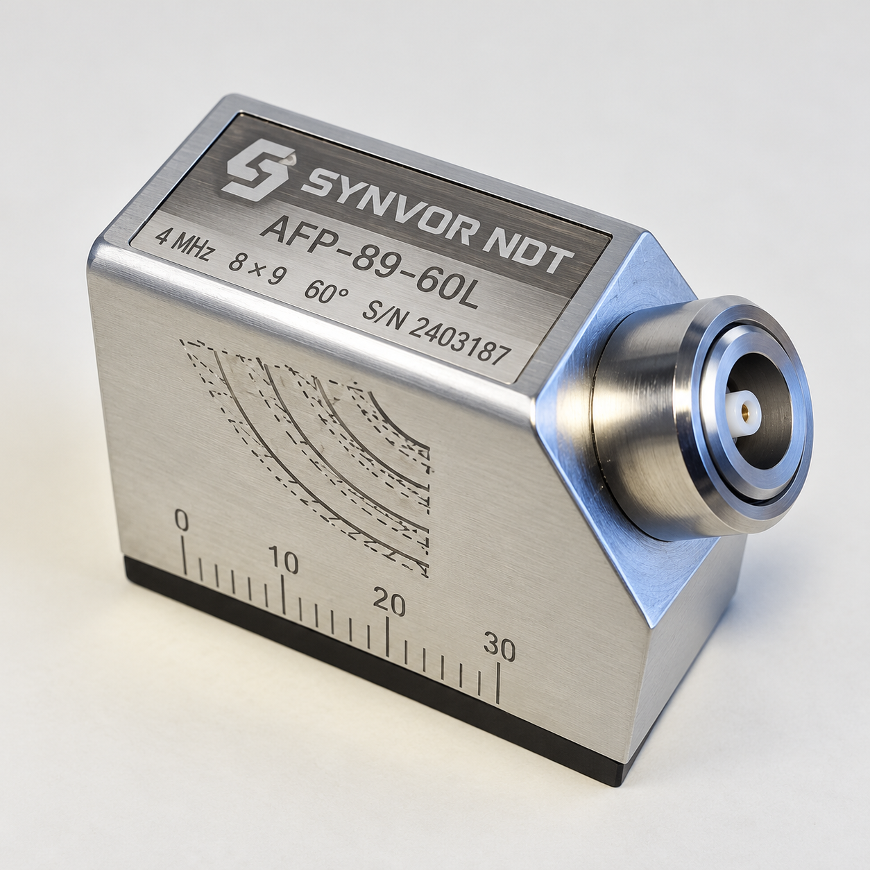 SYNVOR NDT AFP-89-60L angle beam probe — 4 MHz, 8×9 mm crystal, 60°, individual serial number.