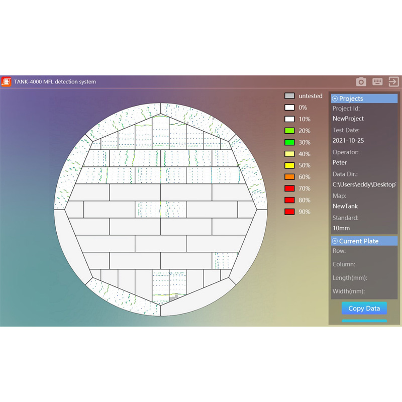 Software TANK-4000: floormap do fundo do tanque com indicações de perda de material por chapa