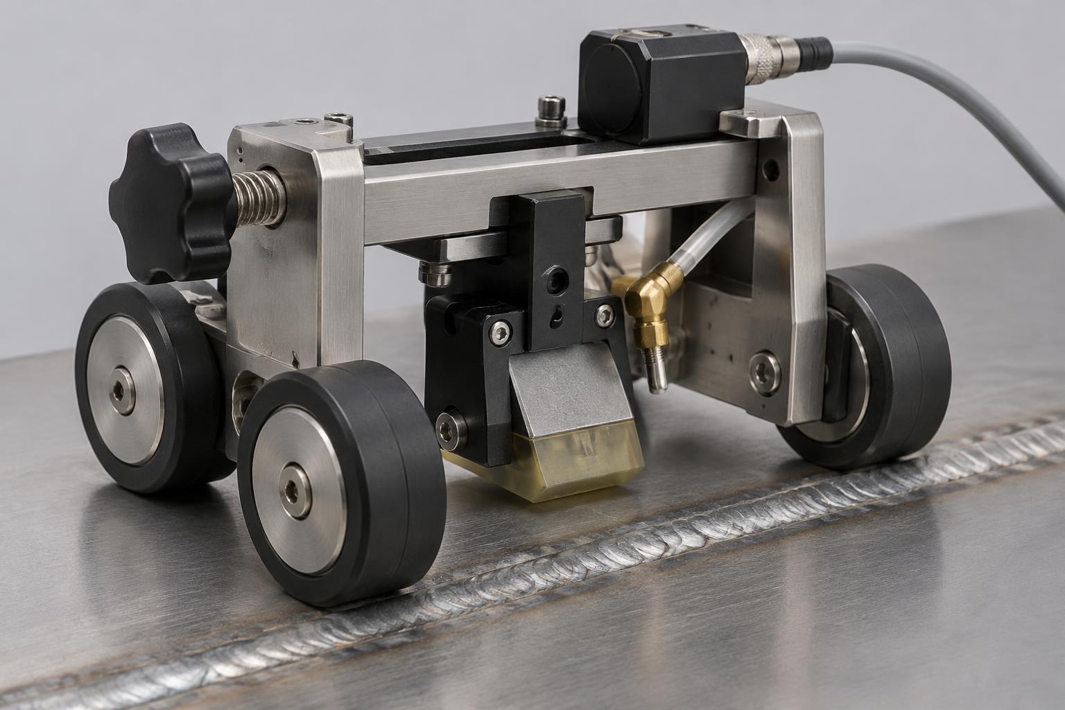 Illustrative rendering of the R12 scanner with a Phased Array probe on a weld.